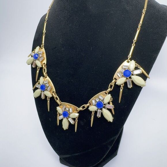 J.Crew Statement Rhinestone Necklace NWT GR7135 Blue Clear Gold Base - Picture 2 of 12